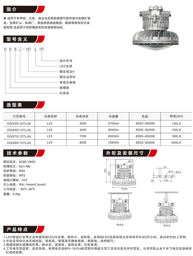 DGS30/40/50/60/80/127L(A)隔爆型矿用LED巷道灯