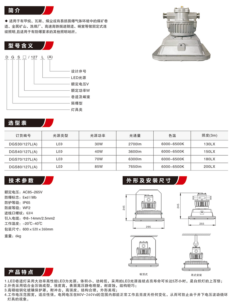 DGS30/40/50/60/80/127L(A)隔爆型矿用LED巷道灯